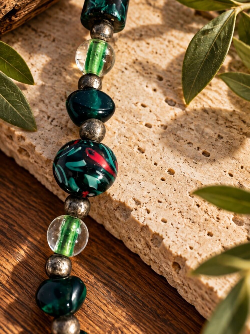 Art Glass Beaded Necklace Green Black Red Floral Swirl Statement Jewelry